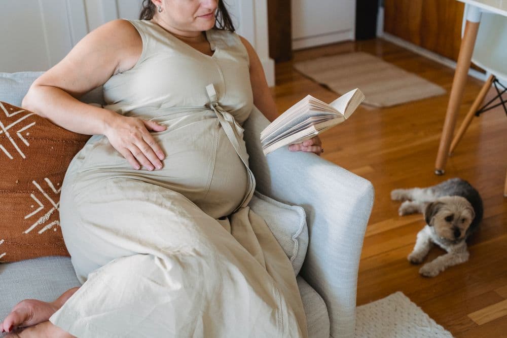 A pregnant woman resting on a sofa with a book, a small dog lying on the floor beside her